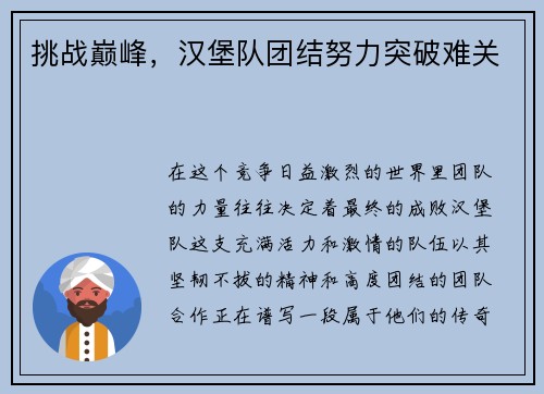 挑战巅峰，汉堡队团结努力突破难关
